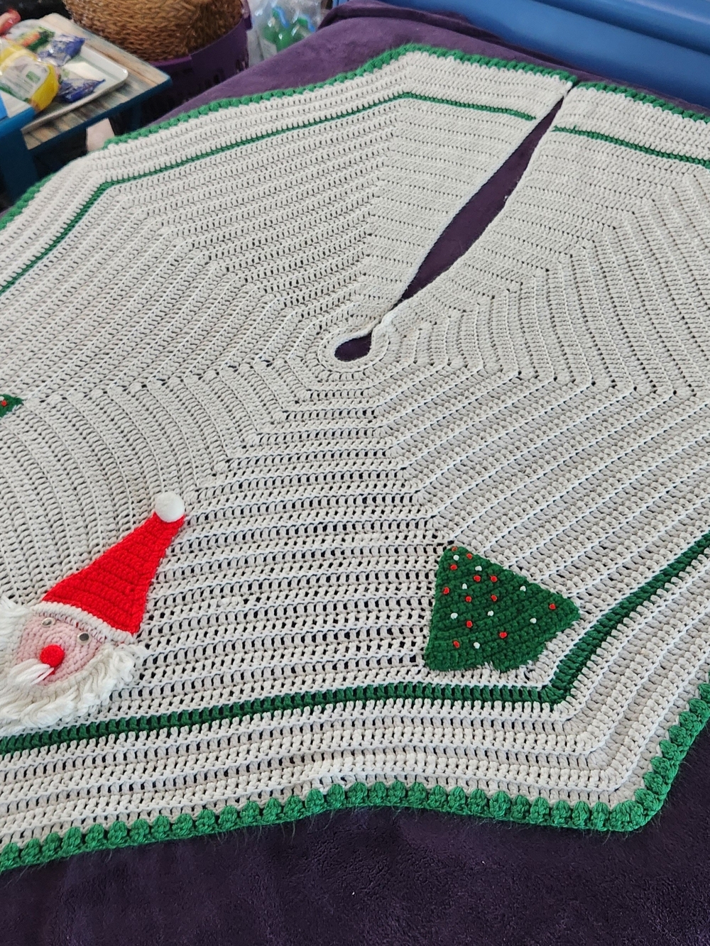 Vintage Handmade Crochet Santa and Christmas Tree Skirt